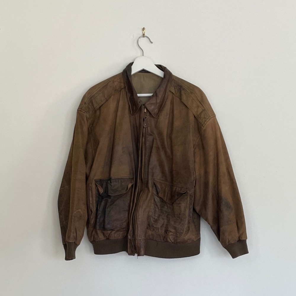 Paris Sport Club Vintage Leather Flight Jacket Brown Air Borne Bomber XL